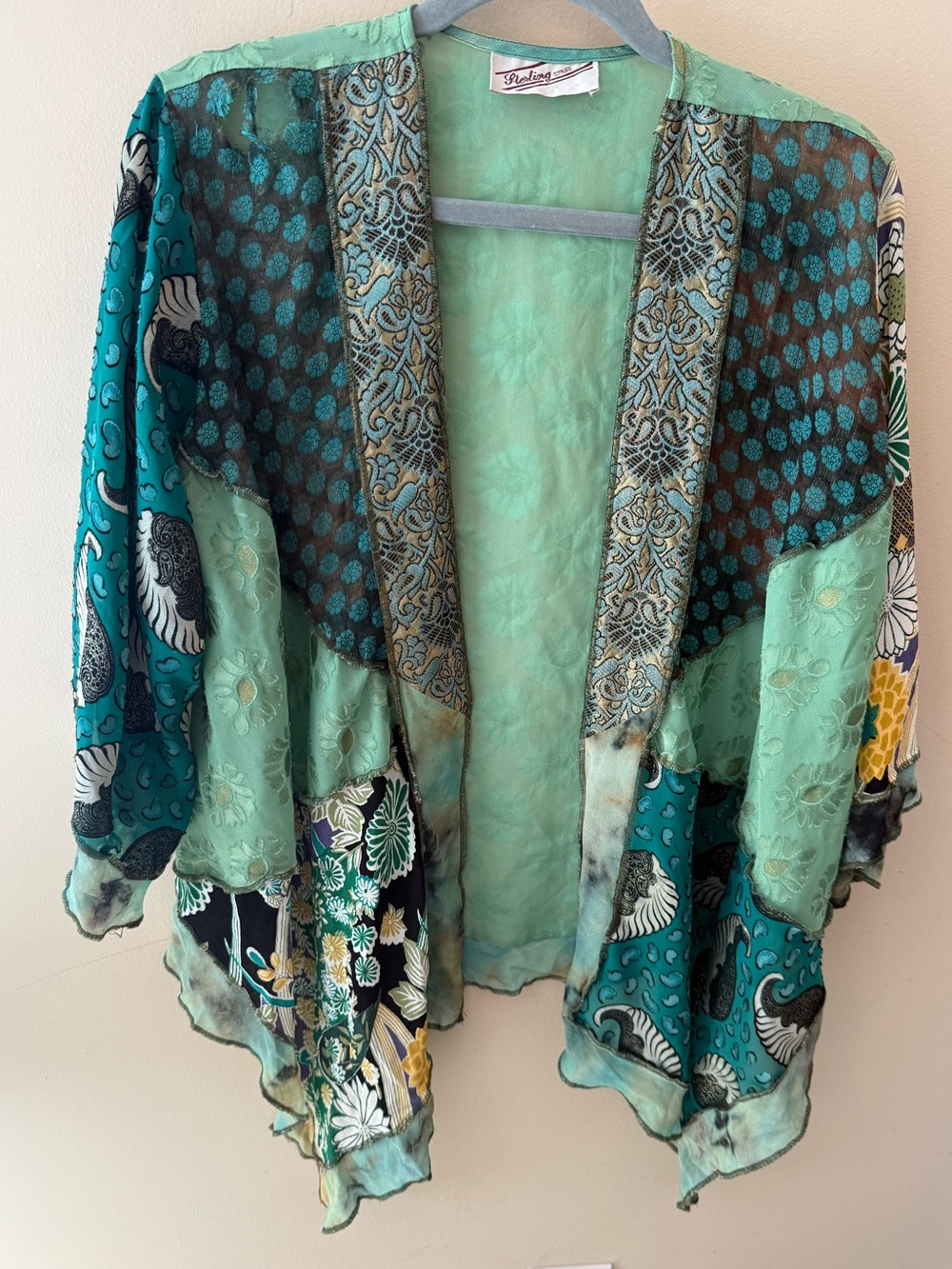 Vintage 90s Sterling Styles Patchwork Kimono Jacket green *flaw* hole